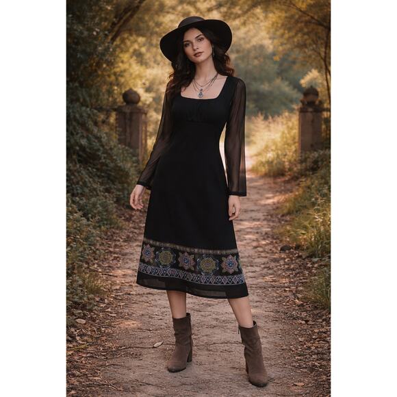 California Concepts Dresses & Skirts - Vintage Y2K Beaded Hem Mesh Sleeve Midi Dress Whimsygoth M